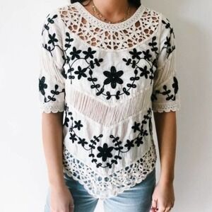 Oliver by Escio White Cotton Embroidered Crochet Lace Fringe Boho Blouse‎ Small